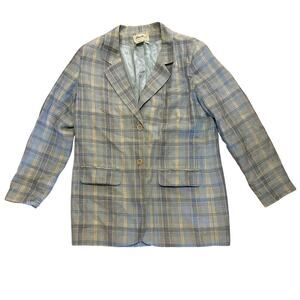 Eddie Bauer Womens Plaid Linen Blazer Large Light Blue Academia Preppy Career